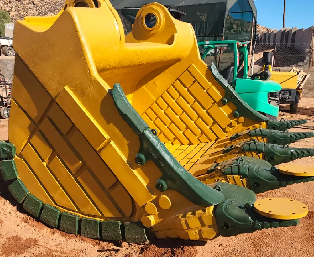 Heavy equipment bucket fitted with wear protection by CBU Engineering